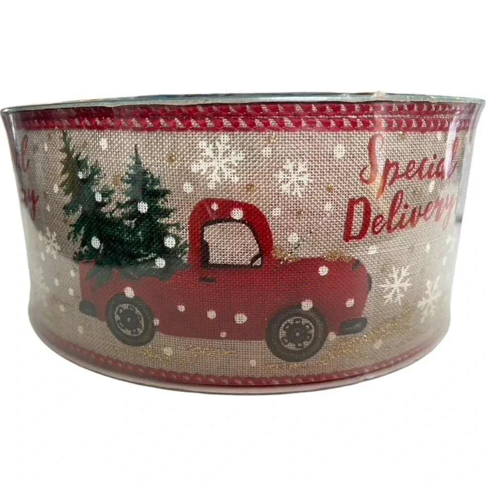 Red Truck Christmas Tree Presents 2.5 inch x 50 Yards, Premium Wired Ribbon New!